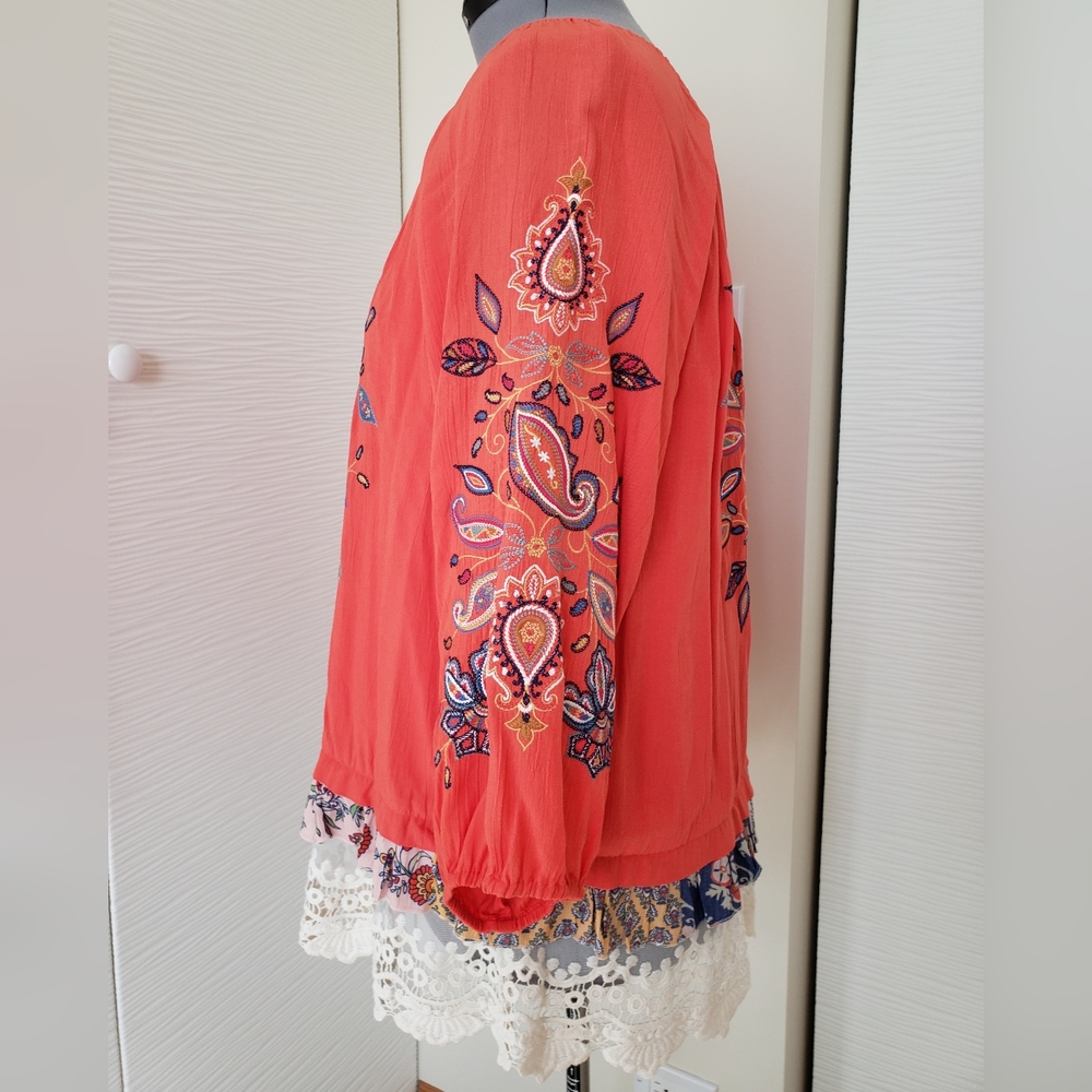 John Mark Boho Coral Embroidered Top Tunic Size L - Picture 5 of 8